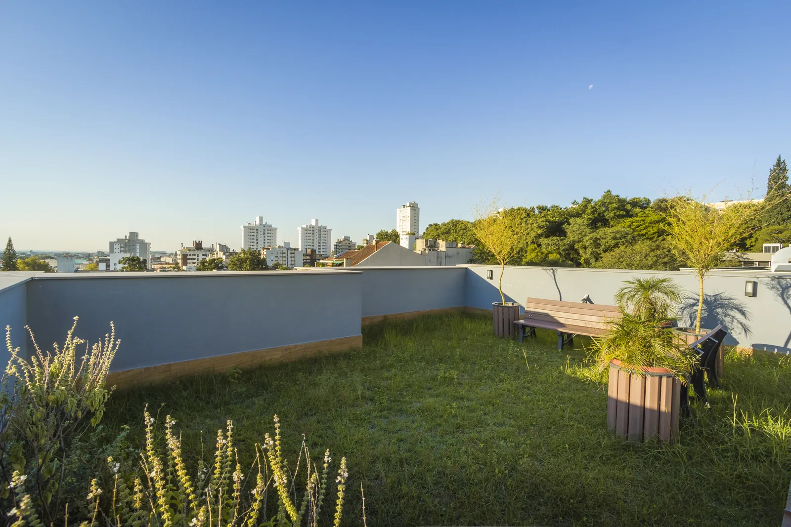 O terraço com grama, bancos e vista para a cidade.