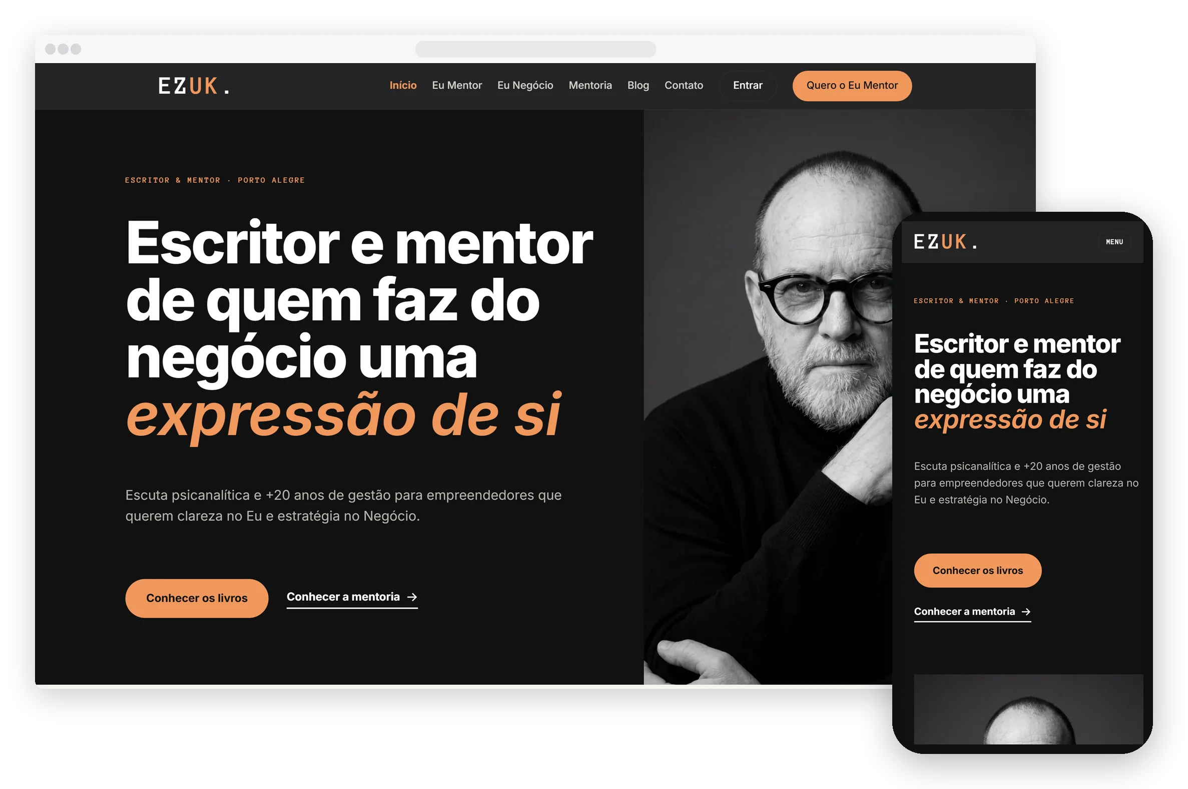 O site de Edgar Zuk, ezuk.com.br, aberto no computador e no celular: "Escritor e mentor de quem faz do negócio uma expressão de si".