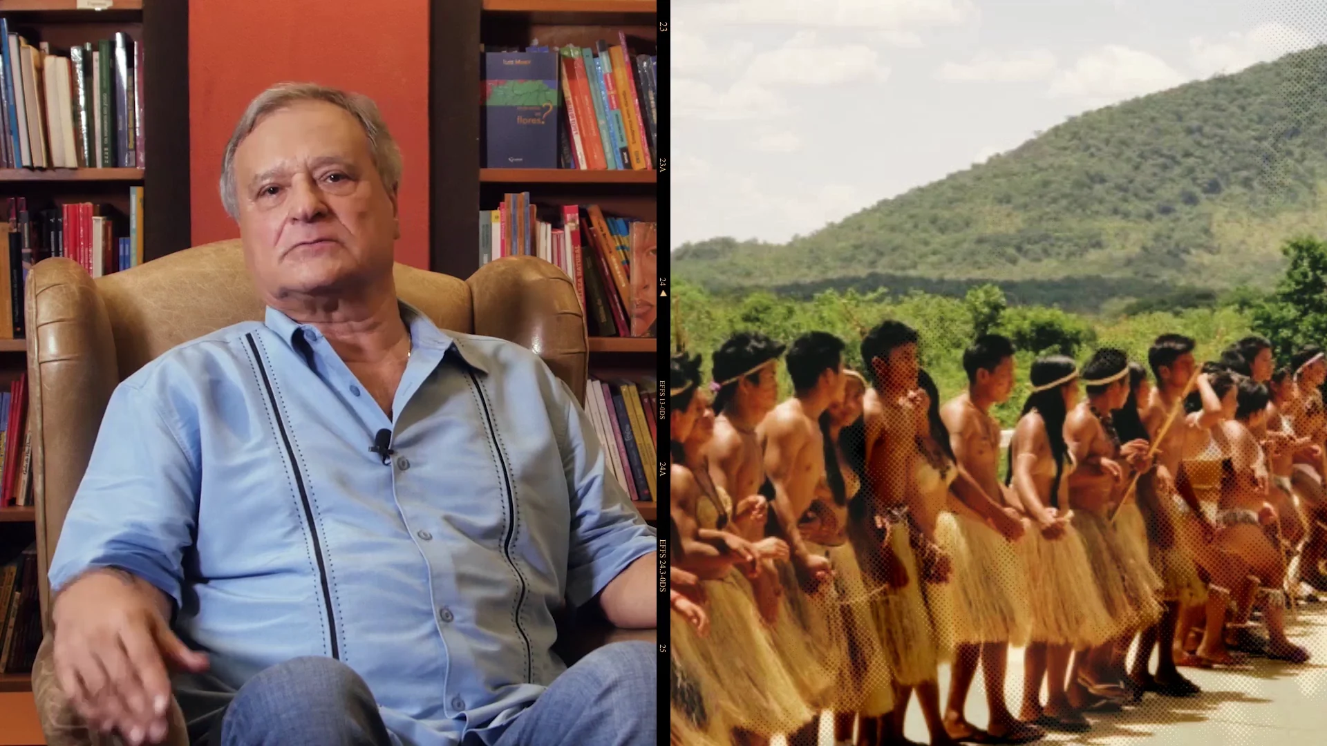 Tela dividida: à esquerda, Ilko Minev em entrevista; à direita, jovens indígenas enfileirados diante de uma serra verde, com trama de pontos sobre a imagem.