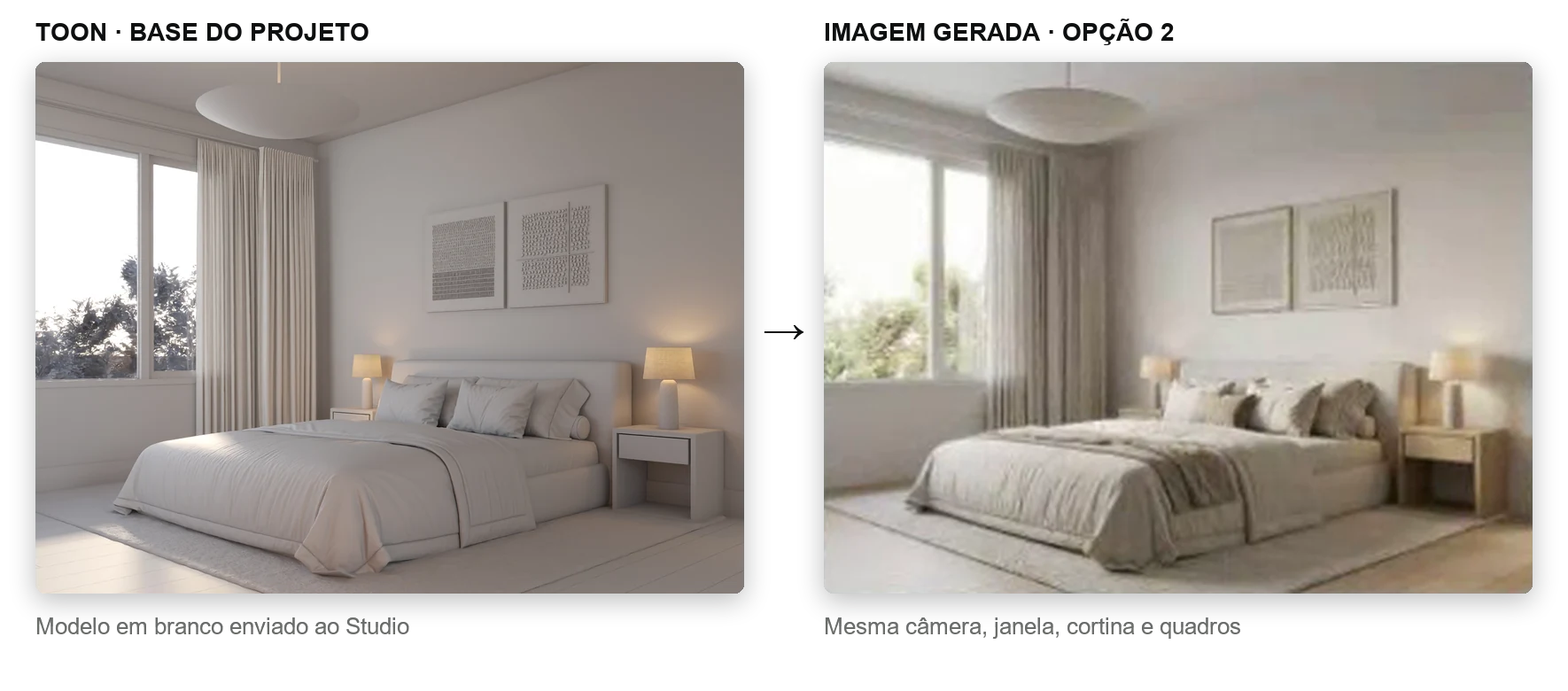 À esquerda, o modelo em branco de um quarto enviado ao Studio. À direita, a opção 2 gerada, com a mesma câmera, janela, cortina e quadros na parede.