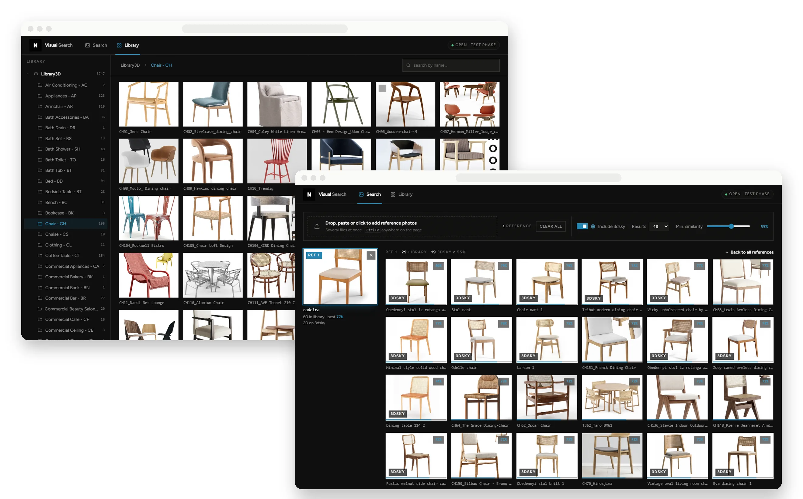 A busca visual com uma cadeira de referência e os modelos 3D parecidos, e a biblioteca de cadeiras do estúdio, lado a lado.