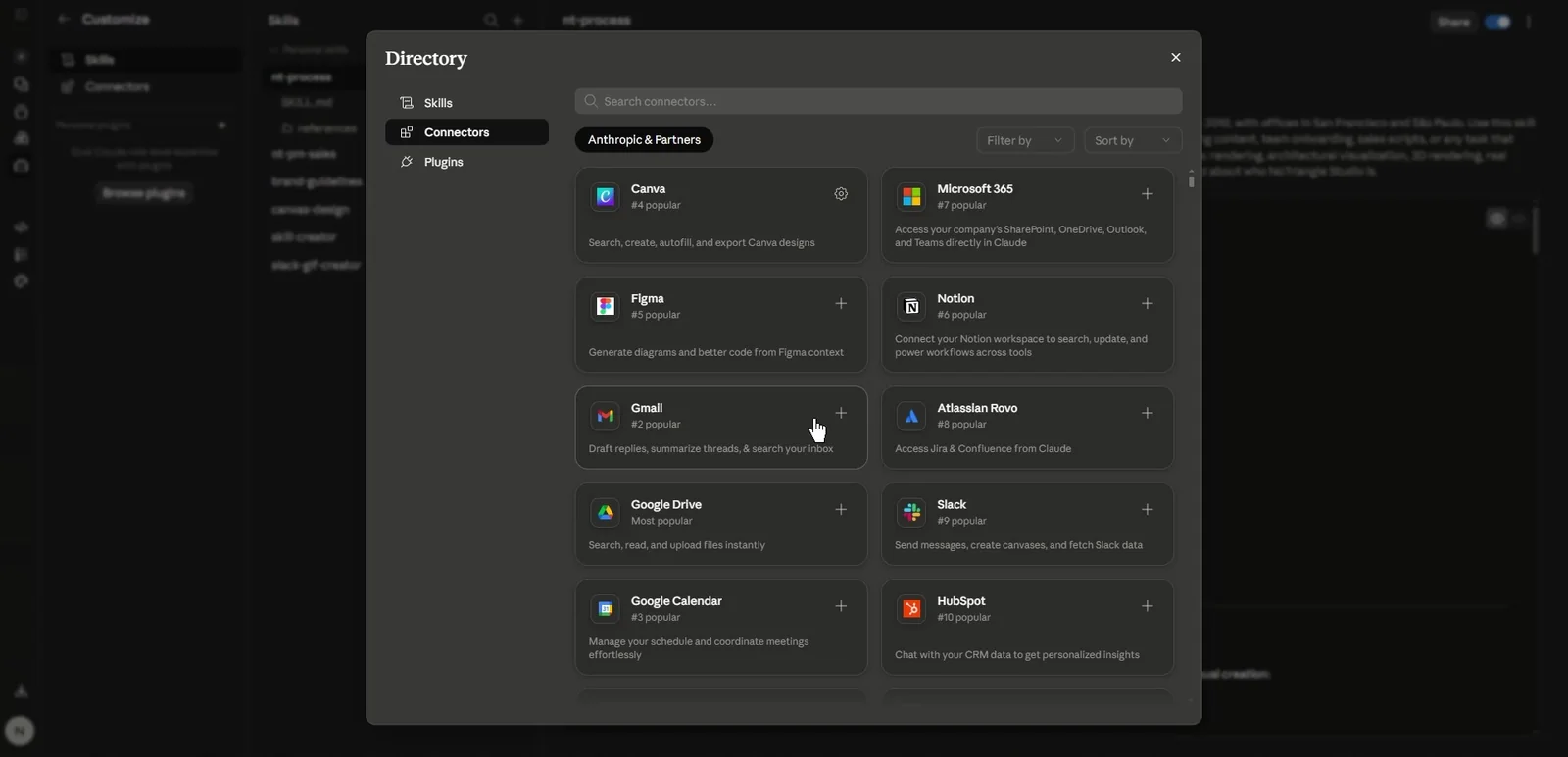 O diretório de conectores do Claude, com Canva, Figma, Gmail, Google Drive e outros.