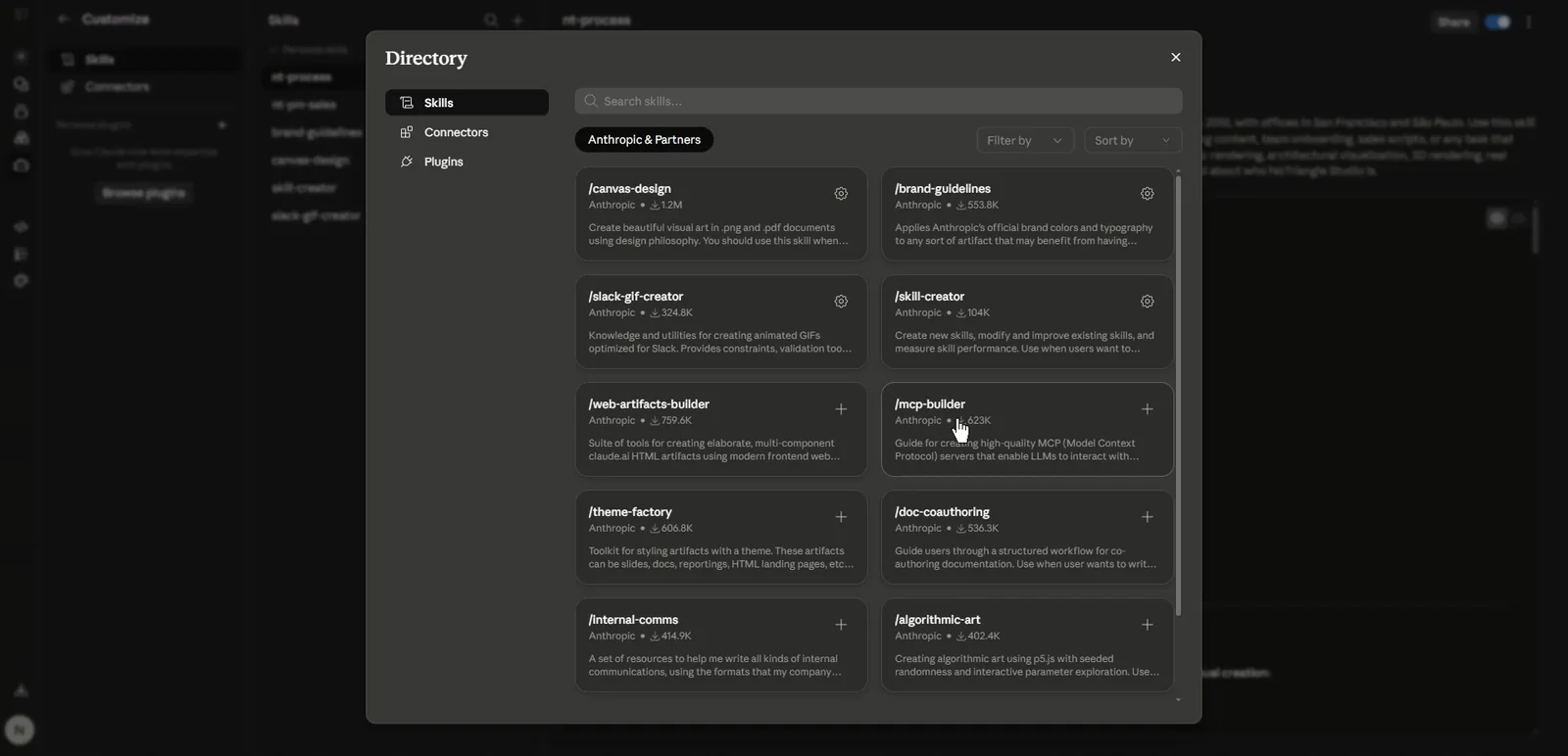 O diretório de skills do Claude, com skills como canvas-design, brand-guidelines e mcp-builder.