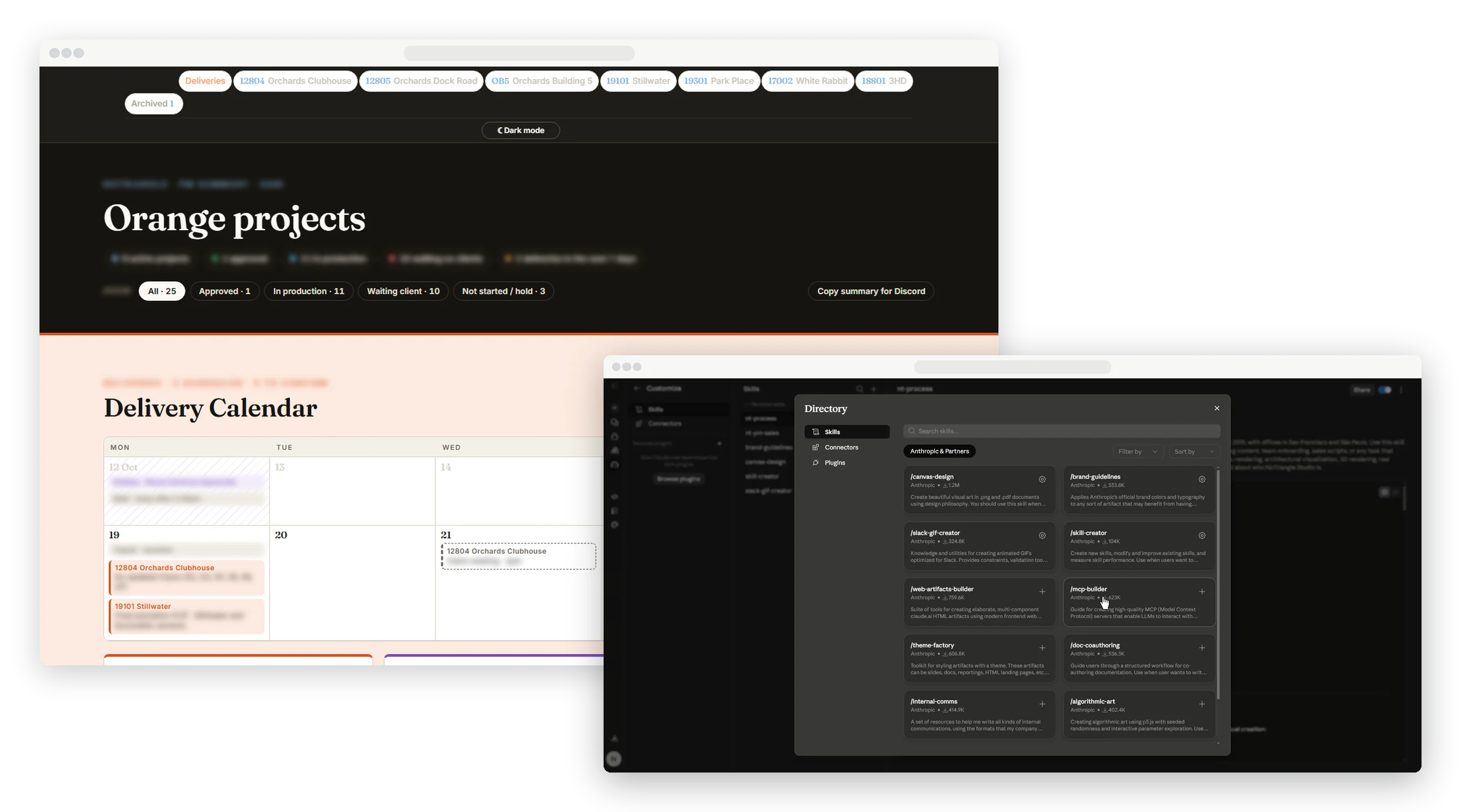 O dashboard de projetos criado pela equipe, com o texto borrado, e o diretório de skills do Claude mostrado na aula.