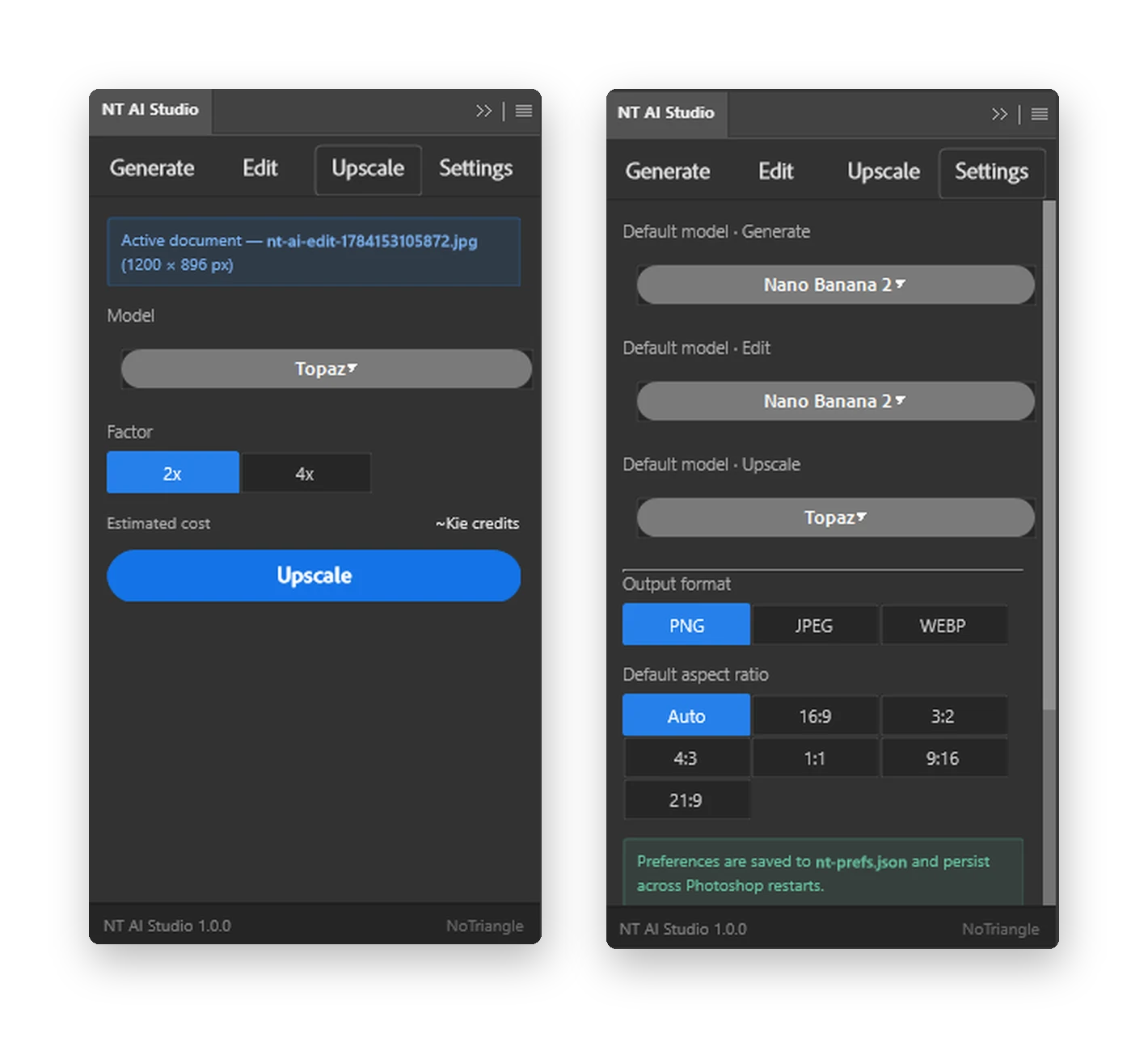As abas Upscale, com o fator 2x ou 4x, e Settings, com o modelo padrão, o formato de saída e a proporção, do plugin NT AI Studio.