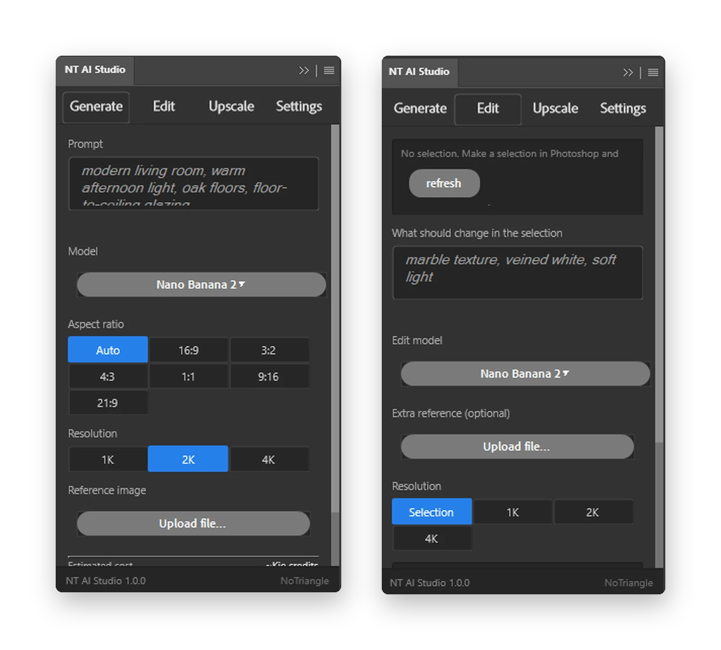 As abas Generate, com campo de prompt, modelo, proporção e resolução, e Edit, com a descrição da mudança na seleção, do plugin NT AI Studio.