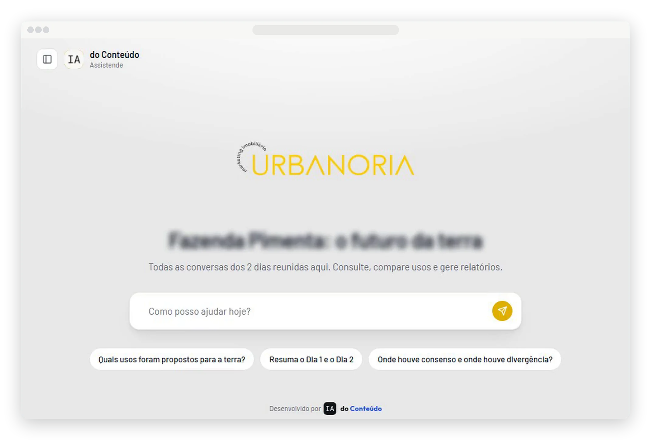 A tela principal do chat do evento, com o logo da Urbanoria, o campo de pergunta e as perguntas sugeridas.